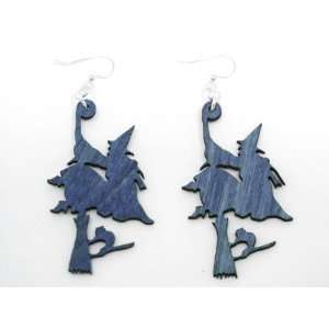 Evening Blue Witch on Broom Wooden Earrings GTJ Jewelry