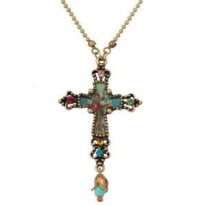 Michal Negrin Cross Pendant with Flower Print, Vintage Elements, Beads 
