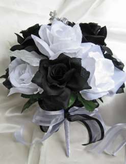 21pc Bridal bouquet wedding flower BLACK/WHITE/SILVER  