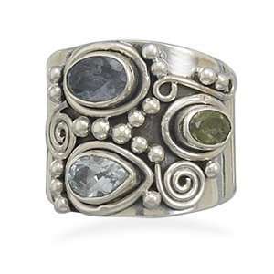   Wide Band Multistone Iolite, Peridot, and Blue Topaz Ring, 9 Jewelry