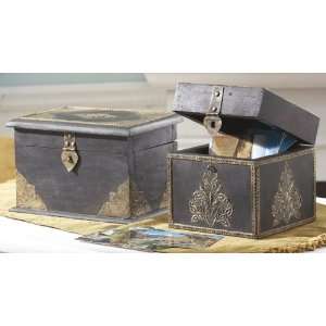  Set of 2 Embossed Brass Black Wooden Boxes